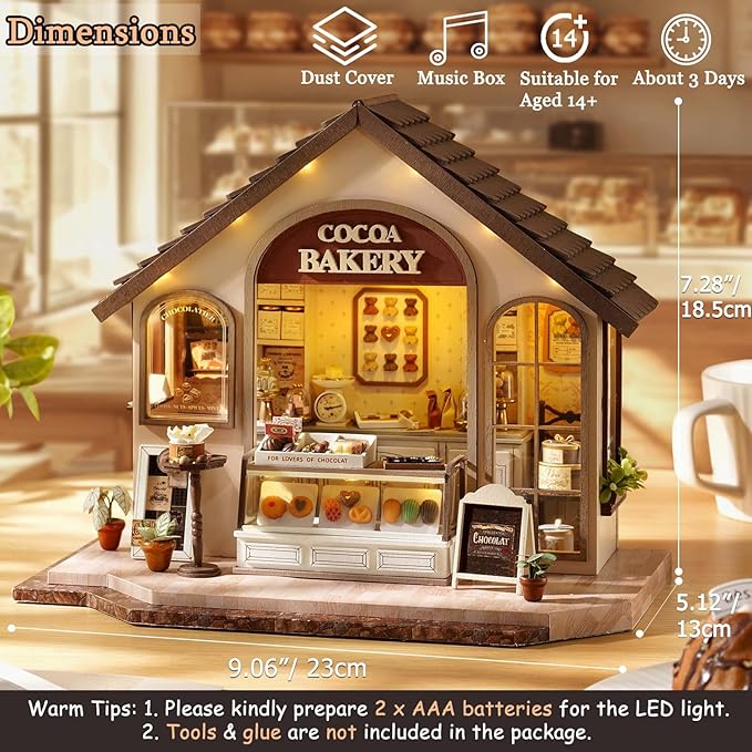 TuKIIE DIY Miniature House Kit with Furniture, 1:24 Scale Creative Room Mini Wooden Christmas Dollhouse Book Nook Plus Dust Proof & Music Movement for Kids Teens Adults(Leisurely Bakery)