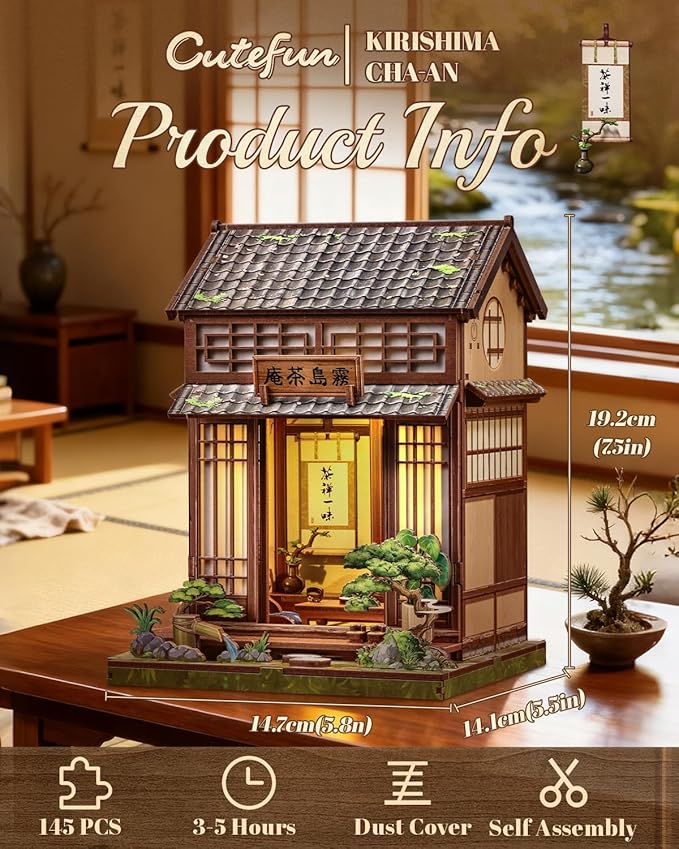 Cutefun Book Nook Kit - DIY Miniature House Kit for Adults, Teens and Beginners, Japanese Tea Room Booknook Tiny House Bookshelf Decor 3D Wooden Puzzles, Gifts for Friends and Family (Tea House)