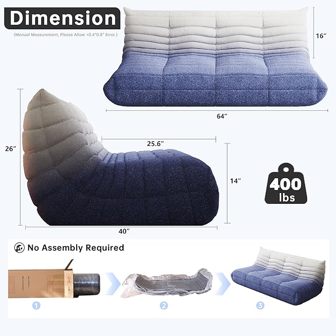 Bean Bag Chairs for Adults, BeanBag Reading Chair Memory Foam Couch 3-Seater, Floor Chair Soft Teddy Material, Comfy Reading Nook Chairs for Bedroom Living Room Office (Blue White)