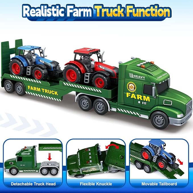 Toddler Boy Toys for 3 4 5 6 7 Years Kids, 27" Semi Flatbed Truck Toy with 2 Tractors, Friction Powered Vehicles Toys with Lights and Sounds, Birthday for Boy Girls