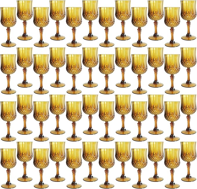 LEYIQU Plastic Wine Glasses, Plastic Goblets Vintage Style Cordial Drinking Glasses for Valentine’s Day, Wedding Reception, Grand Event Party Supplies (48, Amber)