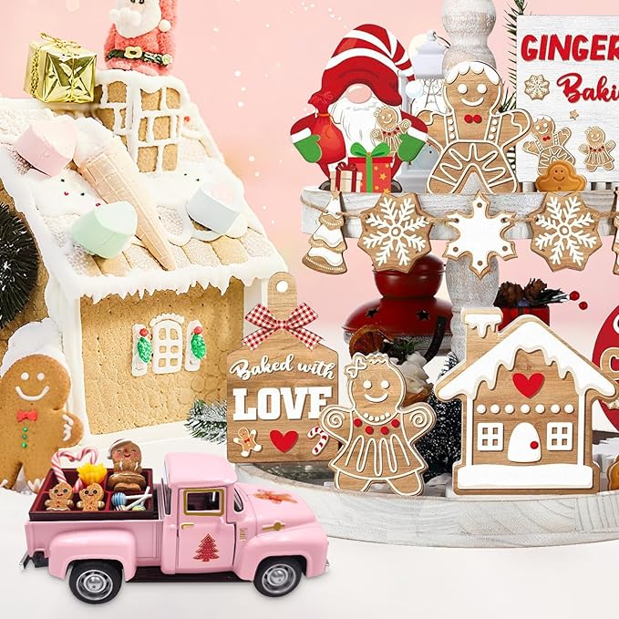 Pink Gingerbread Christmas Decor Vintage Farmhouse Metal Truck with Mini Fake Candy Cookie Box Ginger Bread Man Pastel Gingerbread Christmas Tabletop Decorations for Xmas Tray Holiday Mantel Kitchen