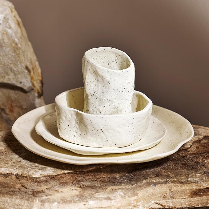 Stone by Mercer Project Atik Modern Stoneware 16-Piece Dinnerware Set, Plate and Bowl Set, Dish set for 4, Cream Speckled