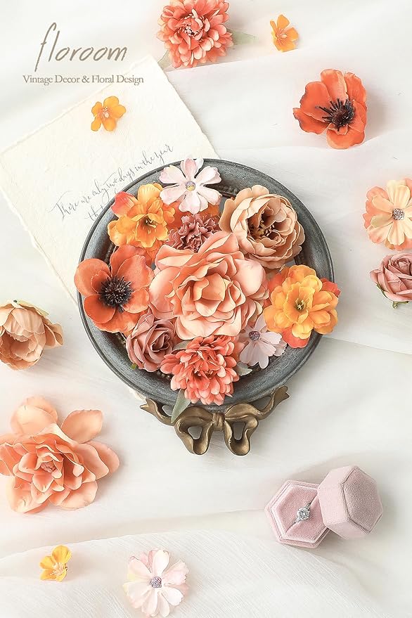 Floroom Mini Artificial Flower Heads Burnt Orange & Terracotta Fake Peony Daisy Rose Multicolor Small Faux Silk Flower Heads for Cake Craft Garland Wedding Party Graduation Cap DIY Home Decoration