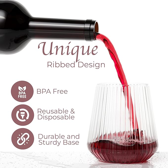 Exquisite 24 Pcs Unbreakable Stemless Plastic Wine Glasses Disposable Wine Glasses Stemless 12 Oz Ribbed Plastic Cups Reusable Clear Party Cups Disposable Cocktail Glass For Weddings & Events