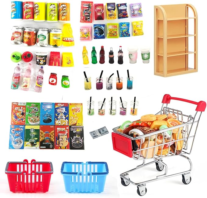 112pcs Miniature Dollhouse Grocery Set Shopping Cart Basket Food Drink Bottle Supermarket Metal Handcart Toys Doll House Store Cosplay Game Dollhouse Grocery Party Trolley Model Dollar Bills
