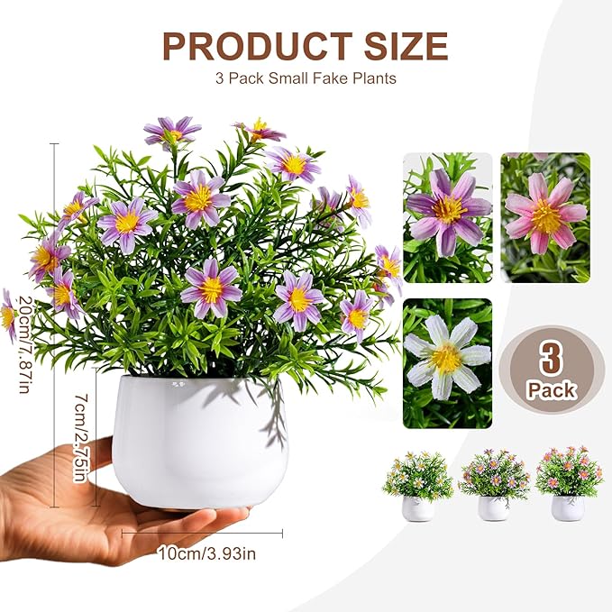 Yarmare 3 Pack Small Fake Plants Artificial Potted Flowers for Indoor Mini Faux Plants with Flowers Greenery for Home Decor Living Room Bathroom Bedroom Office Table Shelf (White+Pink+Purple)
