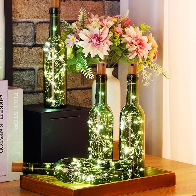 Rtteri 12 Sets Small Empty Wine Bottles with Cork Lights Centerpiece and 30 LED Battery Operated Cork Lights for Birthday Wedding Party Decoration(375 ml,Dark Green Bottle)