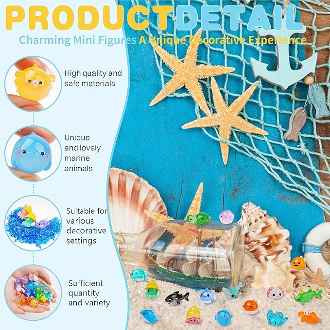 100pcs Ocean Mini Resin Animals - 78 Styles Tiny Sea Figurines Shell Miniature Plastic Fish for Garden Micro Landscape DIY Fish Tank Potted (Small Ocean)