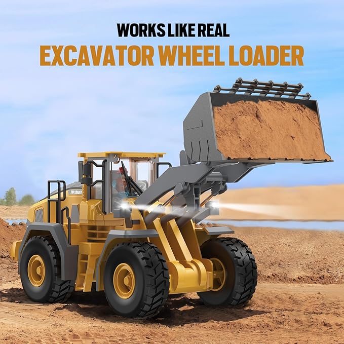 Metal RC Wheel Loader Toy | 9-Channel Remote Control Construction Truck with Realistic Lights & Sounds, 1:20 Scale Rechargeable Vehicle for Boys Ages 3-12, STEM Engineering Gift for Kids 2025