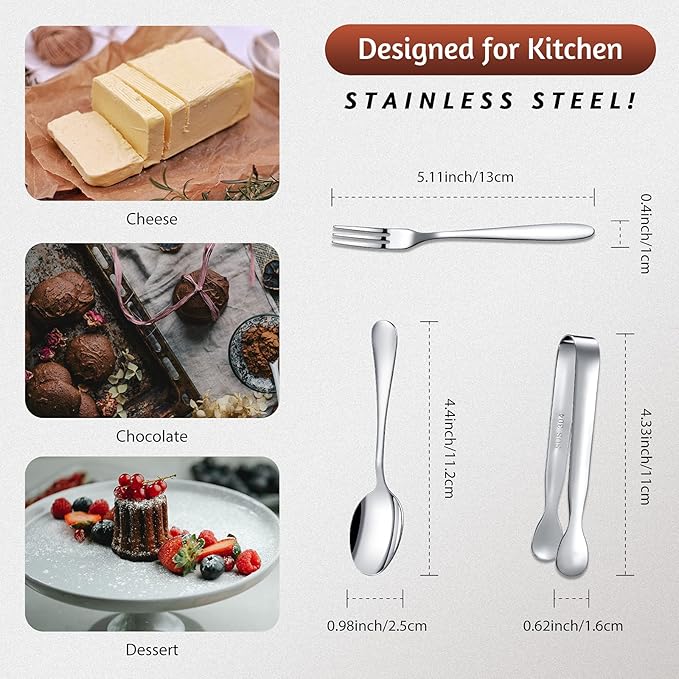Cunhill 24 Pcs Charcuterie Accessories Mini Cocktail Tongs Small Serving Spoons and Appetizer Forks Stainless Steel Tongs Charcuterie Utensils for Valentine Party Supplies(Sharp Spoon,Silver)