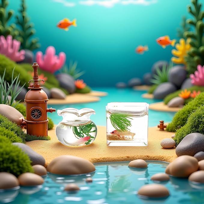 2Pcs Miniature Fish Bowl, 1: 12 Dollhouse Miniature Glass Goldfish Tank Desktop Dollhouse Ornaments for Garden Scene Decor Accessories