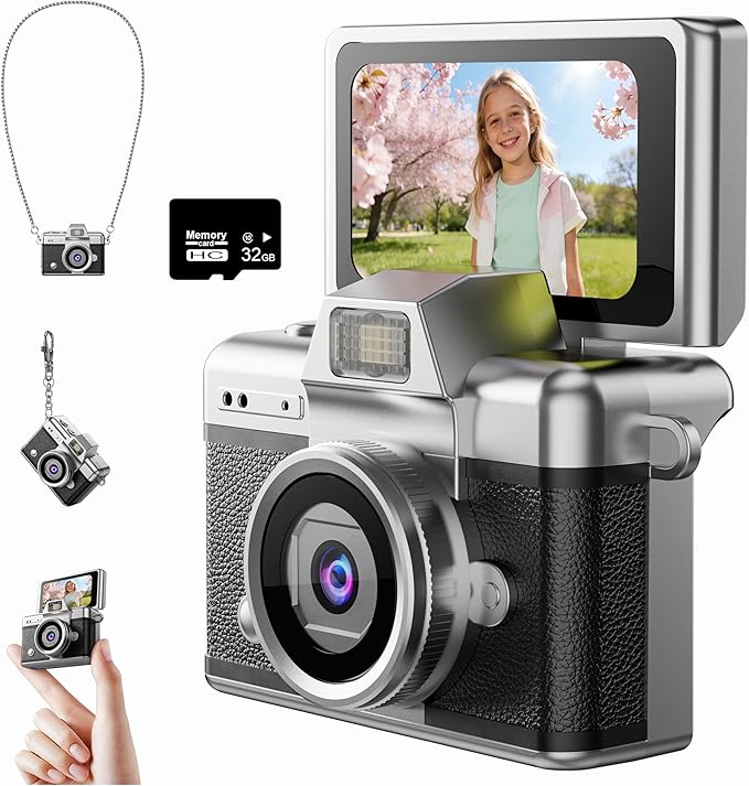 ETODBUWS Mini Keychain Camera, 1080P Digital Camera with 1.47" LCD, 32GB TF Card Included, Pocket-Size Retro Camera for Kids & Adults, Travel Collectible Gift,Black