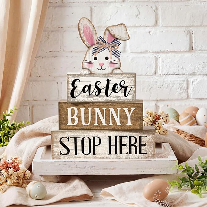 Moucuny 4 Pcs Easter Table Decoration Wooden Rabbit Easter Tiered Tray Decor Cute Bunny Centerpiece Rustic Wooden Bunny Block Sign Farmhouse Holy Week Party Decoration for Home Kitchen Shelf