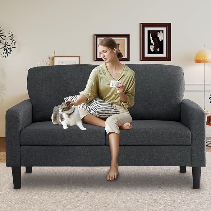 asunflower 52Inch Small Loveseat 2 Seater Couch for Small Spaces Comfy Linen Fabric Love Seat Sofa Office Couch Tool-Free Assembly for Bedroom,Drom Room,Kid's Room,Grey