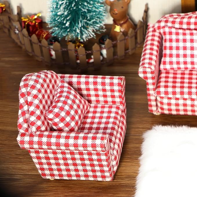 Dollhouse Couch with Pillow 1 12 Scale Miniature Sofa Arm Chair Living Room Furniture Wooden Fabric Frame Single Reading Chair Artificial House Room Scene Decoration (Plaid)