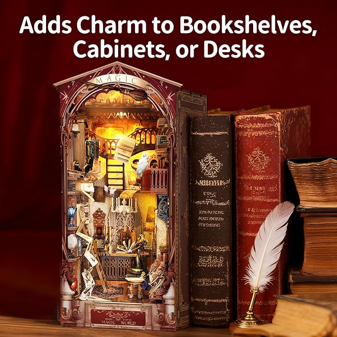 BELEEV Book Nook Kit, DIY Miniature Dollhouse Kit, 3D Wooden Puzzle for Adult and Teens, Booknook Bookshelf Decor Craft with LED Light, Gifts for Women Teens and Puzzle Lovers - Magic World