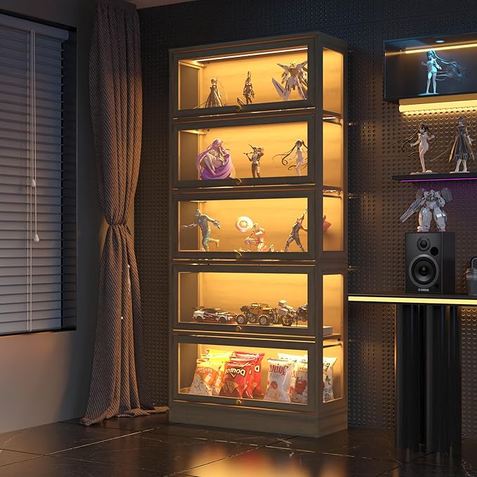 Display Cabinet with Acrylic Glass Doors,5-Tiers Curio Cabinet with LED Lighting for Collectibles, Collectibles Toy Organizers Rack & Display Shelf Display Case Storage Cabinet, Nature