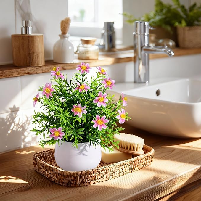 Yarmare 3 Pack Small Fake Plants Artificial Potted Flowers for Indoor Mini Faux Plants with Flowers Greenery for Home Decor Living Room Bathroom Bedroom Office Table Shelf (Pink+Yellow+Purple)