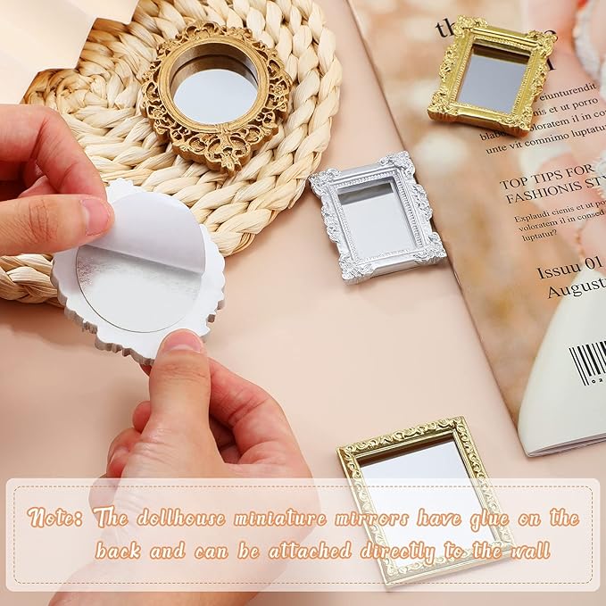 5 Pieces Miniature Dollhouse Mirror European Frame Mirror Dollhouse Victorian Baroque Wall Decor Miniature Bedroom Mini Furniture Accessory for 1/12 Dollhouse Decor, Gold and Silver