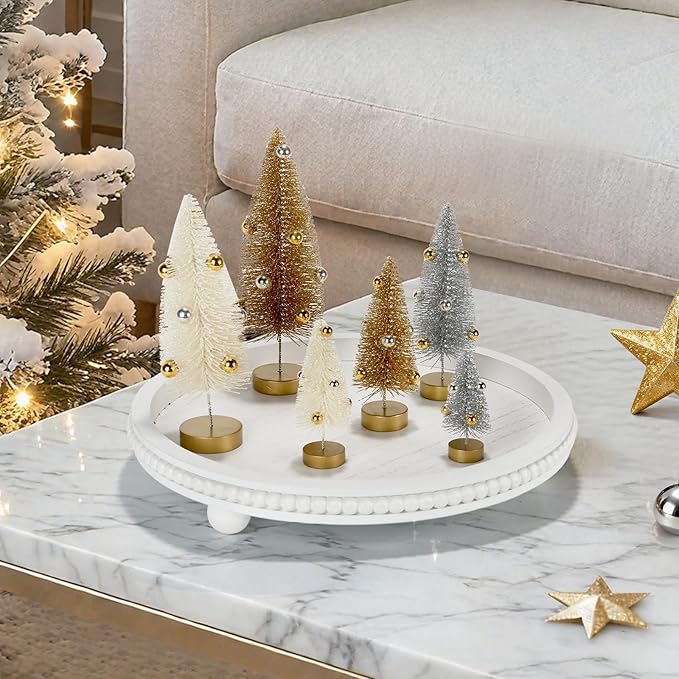 6 Pack Mini Christmas Trees, Small Miniature Frosted Bottle Brush Christmas Tree Decorations Tiny Tabletop Glittered Tree with Bead Ornaments Winter Holiday Décor for Tiered Tray Mantel Assorted Sizes