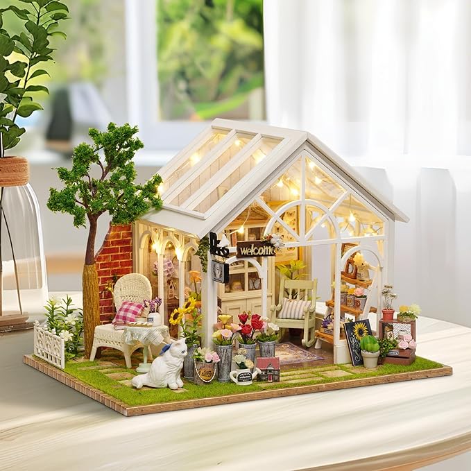 DIY Miniature House Kit, Dollhouse Kit with LED Light, Mini House Building Kits for for Adult to Building, Christmas Home Decorations Gifts for Family and Friends, Sunshine