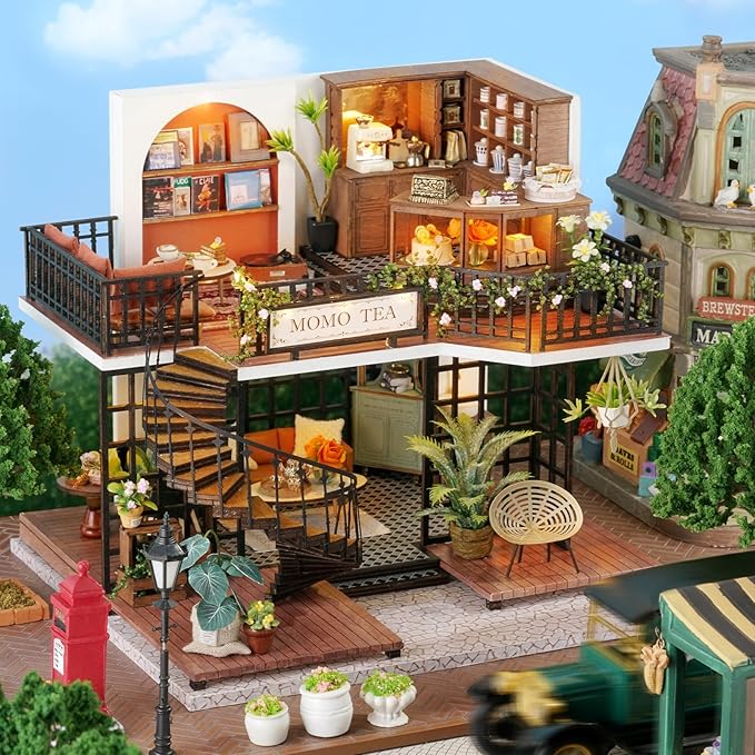 DIY Miniature House Kit, Mini Forest Momo Teashop Building Set, 3D Wooden Dollhouse with Dustproof Cover, Creative Handmade Home Decoration, Gift for Adult Teen Birthday Christmas