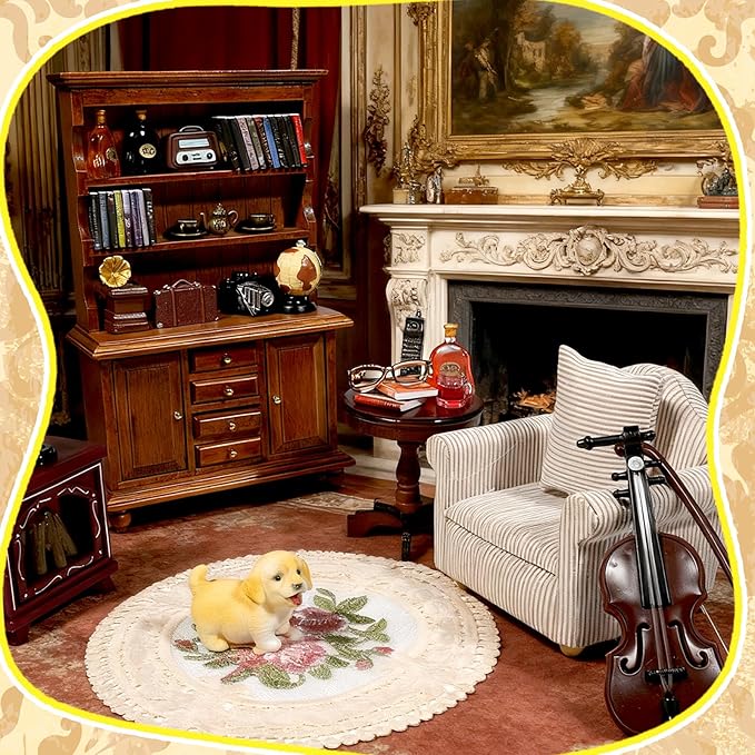 Miniature House Furniture Set Classic Mini Furniture Sofa Set with Pillows Mini Couch Carpet Wooden Furnitures Bookshelf Desk Chair Living Room Scene Decor