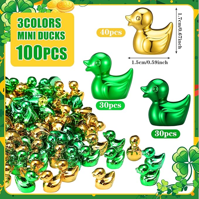 100 Pcs Shiny St. Patrick's Day Mini Duck Figures Colorful Irish Festival Duck Decor Micro Landscape Aquarium Garden Hide and Seek Decoration Charm for Party Gift(Green Gold)