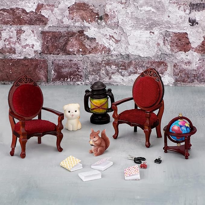 Civaner 2 Pcs Christmas Miniature Dollhouse Chair 1:12 Miniature Vintage Red Victorian Furniture Dollhouse Accessories Wooden Carved Single Chairs Vintage Armchair for Sofa Decoration Ornament