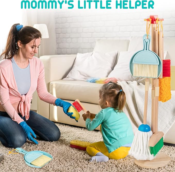 HELLOWOOD Kids Cleaning Set, 8 Pcs Wooden Housekeeping Play Set Includes Broom Mop Duster Dustpan Brushes Rag and Organizing Stand, Cleaning Toys Gift for Toddlers Girls Boys Age 3-6, Solid Beech Wood