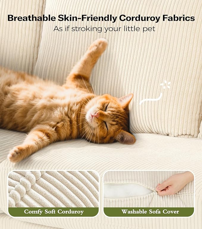 87in Corduroy Couch, Kidirect Sofa No Tool Assembly, Comfy Couches for Living Room 21in Deeper Seats, Corduroy Sofas for Living Room with 2 Pillows, Oversized Loveseat Sofa, Boho Love Seat Beige Couch
