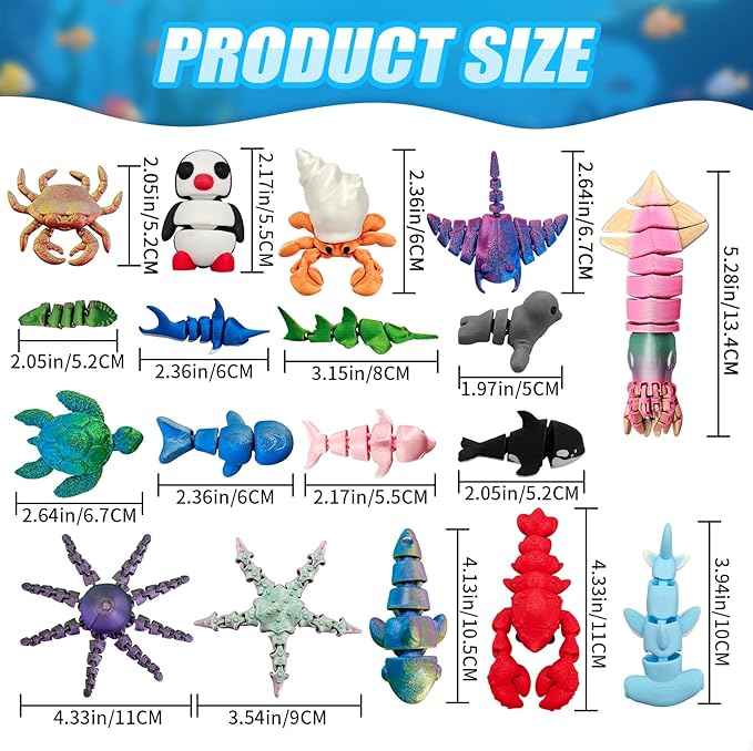 3D Printed Animal Figures Set, 18Pcs 3D Printed Toys, Ocean Animal Figurines Toys, Fidget Articulated Flexible Toy for Party Favors Birthday Gifts Office Desktop Home Decoration