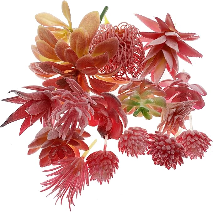 Cayway 15 PCS Artificial Succulent Plants, Red Fake Succulent, Unpotted Faux Succulent Assortment in Flocked Purpl in Different Type for Birthday Home Decor Indoor Wall Garden DIY