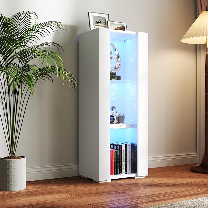 Pvillez 39" LED Display Cabinet with 3 Glass Shelves & 1 Door, Modern Wall-Mounted Curio Cabinet Display Case Storage Cabinet, High Gloss Floor Standing Bookshelf for Living Room Bedroom (White)