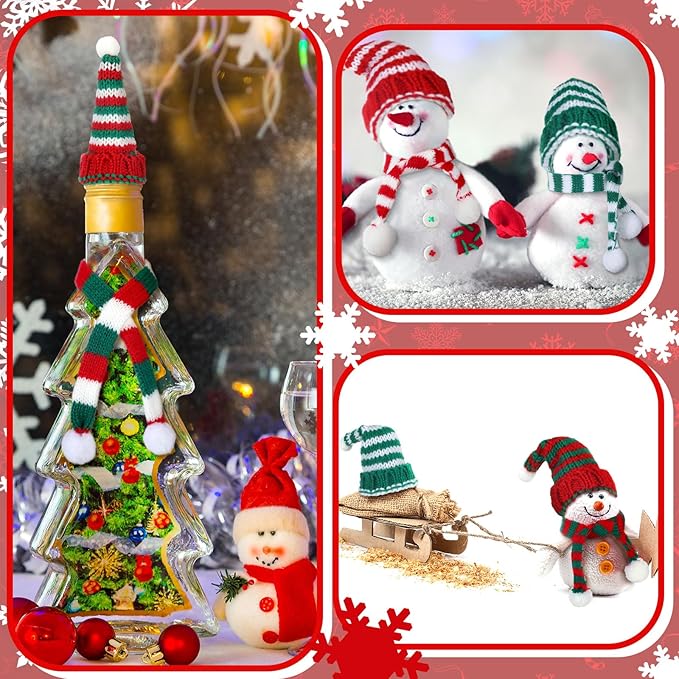 Geyoga 16 Pcs Mini Knit Doll Hat Valentines Day Small Santa Hat for Craft Winter Mini Snowman Hats and Scarf Tree Ornaments Snow Stripe Heart Wine Bottle DIY Decor Gifts
