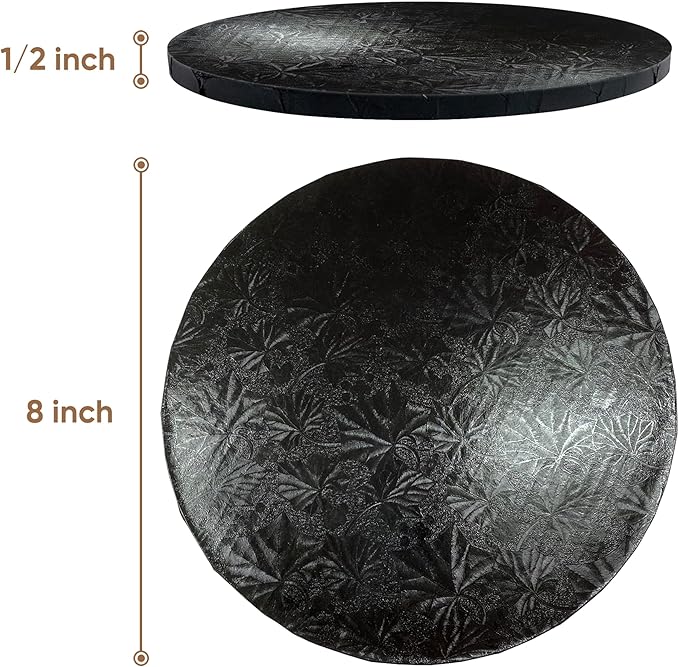 Cakebon Round Cake Boards - Sturdy 1/2 Thick Drums - 8 Inch Professional Fully Wrapped Edges Black 6-Pack