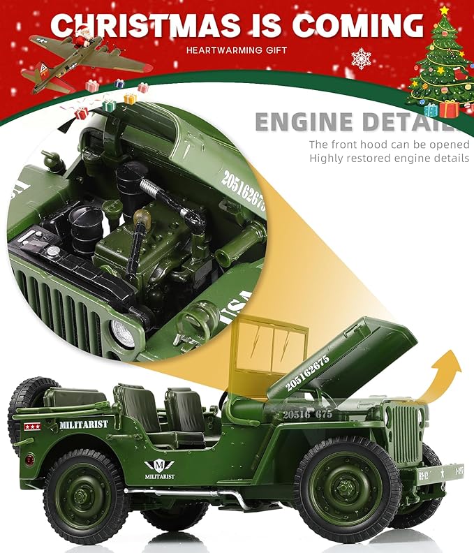 1/18 Scale Military Tactical Jeep Car Model Willys MB U.S. Army Truck Miniature Military Utility Off Road Vehicle Alloy Metal Diecast Model for Adults Collection or Gift