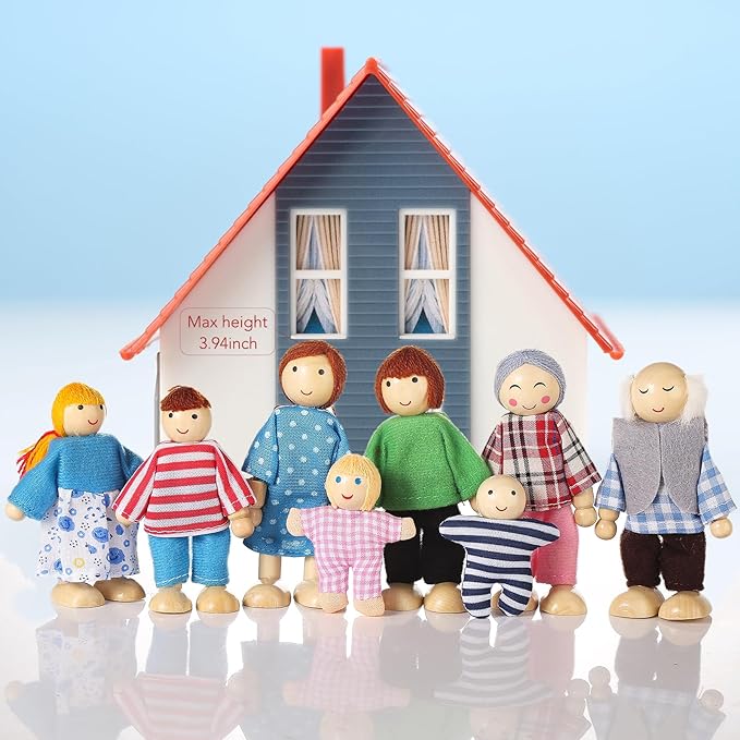 Jzszera 15 Pcs Wooden Dollhouse People with Movable Limbs, Doll House Family Figures for Educational Pretend Play