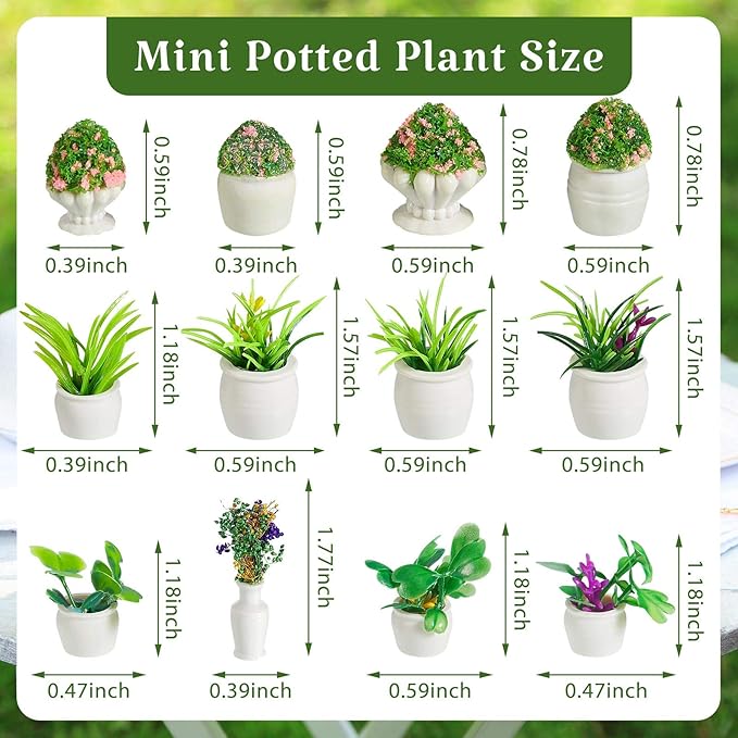 Chuangdi 12 Pieces Miniature Dollhouse Plant Flowers Mini Potted Plant Artificial Tiny Greenery Ornament Miniature Hanging Potted Faux Flower Model Dollhouse Decoration, 6 Types