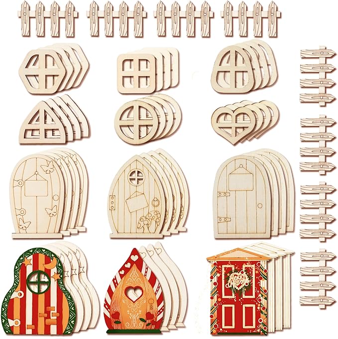 Halandar 56 Pcs Fairy Door & Window Craft Kit - Wooden Garden Doors, Mini Fences, Unpainted Miniature Accessories for Home Party Event Decor - DIY Fairy House Decorations (Classic)