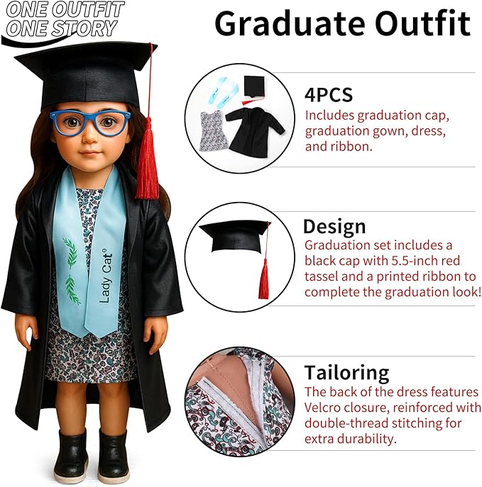 20 Pcs Doll Clothes & Accessories for 18 Inch Dolls – Educational Role Play Gift Set for Girls with 5 Themed Outfits (Graduate, Doctor, Santa, Soccer Player, Flight Attendant), 2 Puppies & 3 Headbands