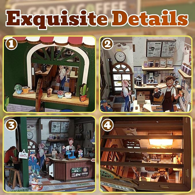 3D Wooden Puzzles Book Nook Kits for Adults Miniature House Building Kits, DIY Tiny Wooden Crafts Model Bookshelf Decor with LED Lights, Gifts for Family, Friends, Christmas(Coffee Shop)