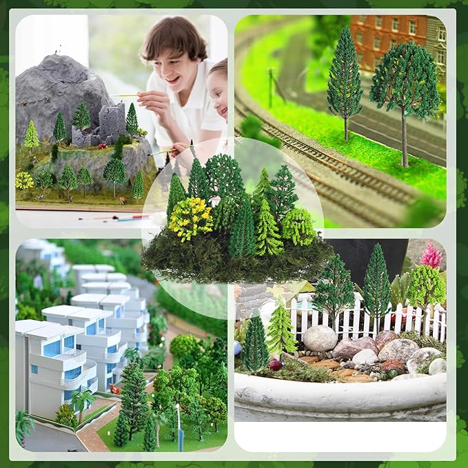 Tigeen 28 Pcs Model Trees Mixed Model with 1.4 Ounce Faux Green Moss Decor Tree Train Scenery Architecture for DIY Crafts, Building, Scenery Landscape(Spring Green)