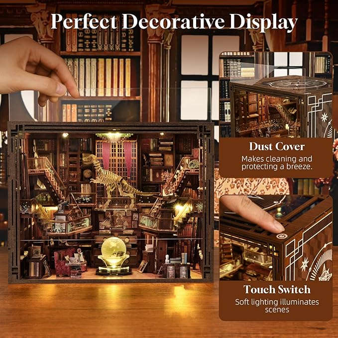DIY Book Nook Library Kit, Miniature Dollhouse Booknook Kit, 3D Wooden Puzzle Bookend Bookshelf with LED Light for Teens and Adults (Beyond Library Max)