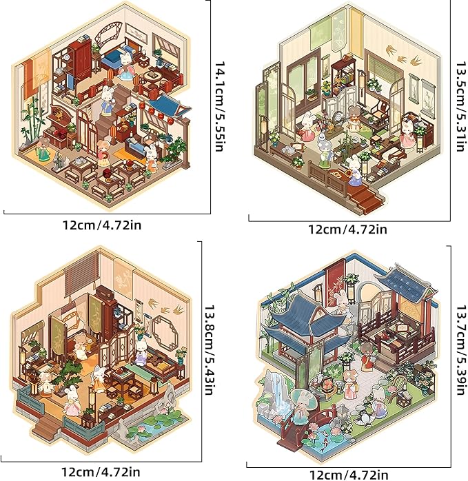 DIY 3D Fun House Stickers, 4 Sets Miniature Cute Rabbit Room Scene Stickers Make Your Own Mini Vintage Building Sticker Scenes for Adult Relief Stress Pass The Time