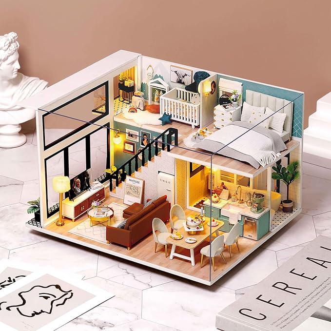 TuKIIE DIY Miniature Dollhouse Kit with Furniture, 1:24 Scale Creative Room Mini Wooden Doll House Accessories Plus Dust Proof & Music Movement for Kids Teens Adults(Comfortable Life)