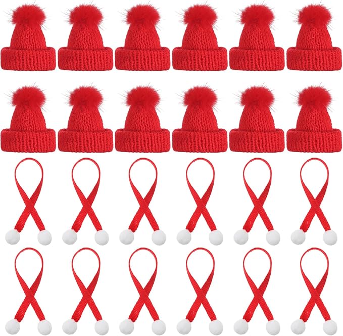 Bencailor 48 Pcs Mini Christmas Knitting Hats and Mini Christmas Scarf Set Knitting Doll Hat Scarf Santa Knit Hat Tree Ornaments for DIY Craft Art Doll Decoration (Bright Red)