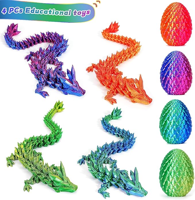 JOD® 4PCS 3D Printed Dragon Eggs with Dragon Inside – Articulated Fidget Toys, Easter Dragon Eggs, Mystery Surprise Easter Eggs for Kids, Unique 3D Printed Animals, Home Decor and Gift Set(A)