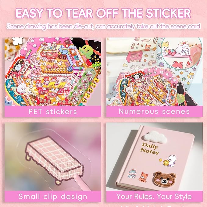 DIY 3D Sticker Book Set (Suitable for Teens & Adults) - 2-Book Set Includes 67 Pages, 26 Adorable Scenes, Tweezers & Clips - Creative Stress-Relief Activity